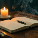 Carnet ouvert sur une table élégante, stylo à côté, bougie allumée et ambiance mystique douce, éclairage chaleureux et atmosphère feutrée.