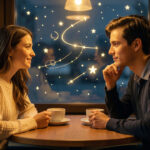 Une jeune femme et un jeune homme se préparent à un premier rendez-vous dans un café, entourés d’une ambiance romantique aux nuances célestes.