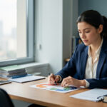 Une jeune femme réfléchie compare deux chemins symboliques sur un bureau dans un environnement professionnel, évoquant l’incertitude face à son avenir de carrière.
