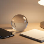 Smartphone posé près d’une boule de cristal et d’un carnet vierge dans une ambiance calme et rassurante.