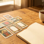 Table en bois éclairée par une douce lumière matinale, avec un jeu de tarot, un carnet aux pages vierges et une tasse de thé dans une ambiance apaisante.